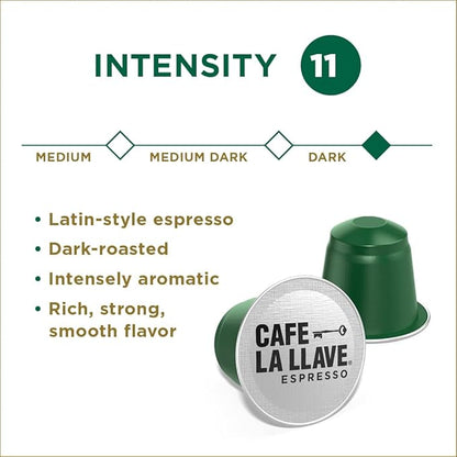 Cafe La Llave Espresso Pods: 80 Recyclable Aluminum Pods, Intensity 11 Dark Roast Latin-Style Coffee, Compatible with Nespresso Original Line Machines - Bold, Rich Flavor
