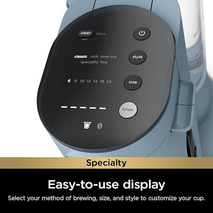 Ninja Pod & Grounds Specialty XL Single-Serve Coffee Maker, K-Cup Pod Compatible, Brews Grounds, Compact Design, Built-In Milk Frother, 68-oz. Reservoir, 6oz. Cup-24oz. Mug Sizes, Denim Blue, PB055ABL