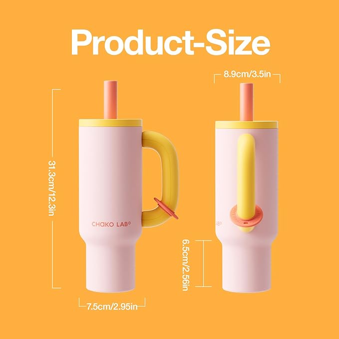 BaWang Insulated Stainless Steel Tumbler | Tumbler with Handle and Straw 33oz | Cup Holder Friendly for Travel | Leakproof Water Bottle | BPA-Free | Ceramic liner| pink＆yellow
