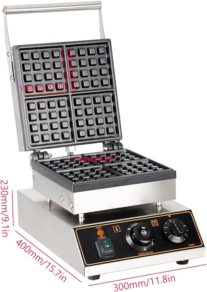 Commercial Square Electric Stainless Steel Waffle Maker Machine 2000W, 4 Slice Nonstick Waffle Maker, Temperature and Time Control, for Restaurant Bakeries Snack Bar Home, 50~300℃