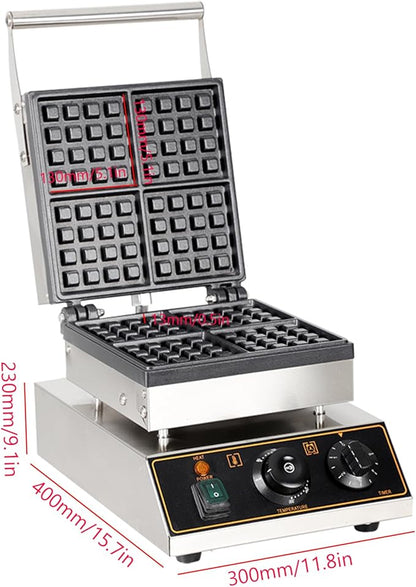 Commercial Square Electric Stainless Steel Waffle Maker Machine 2000W, 4 Slice Nonstick Waffle Maker, Temperature and Time Control, for Restaurant Bakeries Snack Bar Home, 50~300℃
