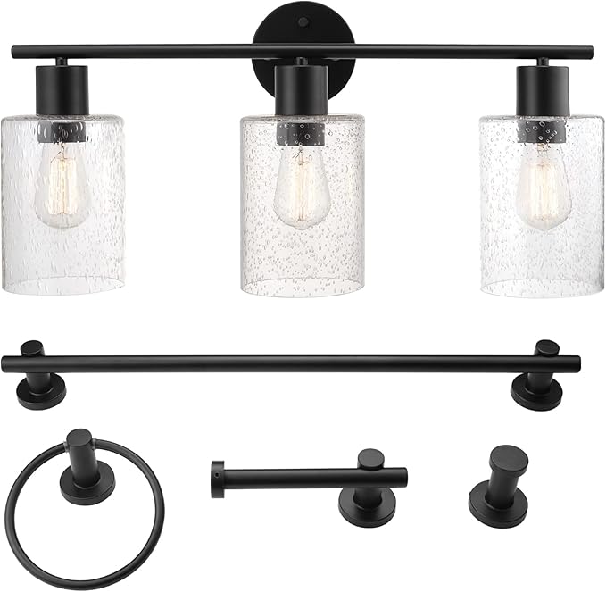 Globe Electric 51851 Bristol 5-Piece All-in-One Bathroom Set, Matte Black, 3-Light Vanity Light with Seeded Glass Shades, Towel Bar, Towel Ring, Robe Hook, Toilet Paper Holder