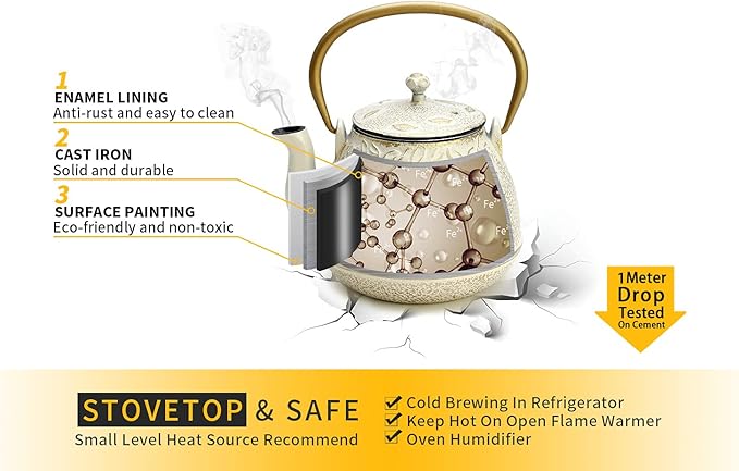 Toptier Cast Iron Tea Kettle, Stovetop Safe Japanese Cast Iron Teapot with Infuser, Leaf Design Tea Kettle for Stove Top Coated with Enameled Interior for 32 Ounce (950 ml), Warm Beige & Gray