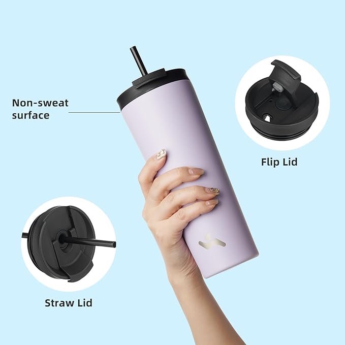 18 OZ Insulated Tumbler with Lid and 2 Straws Stainless Steel Water Bottle Vacuum Travel Mug Coffee Cup,Taro