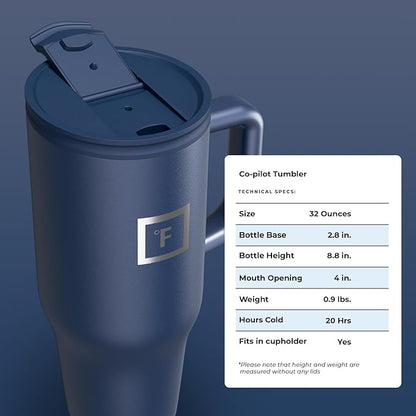 IRON °FLASK Co-Pilot Insulated Mug w/Straw & Flip Cap Lids - Cup Holder Bottle for Hot, Cold Drink - Leak-Proof - Water, Coffee Portable Travel Mug - Twilight Blue, 32 Oz