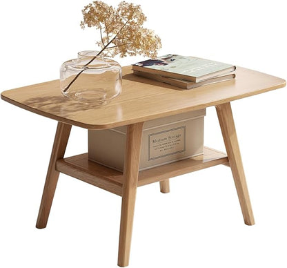 100% Solid Oak Wood Coffee Table for Living Room, Small Table with Shelf Storage, Mid Century Modern Coffee Tables with Rounded Corners for Home (Natural, 31.49“ x 22.05” x 17.32“)