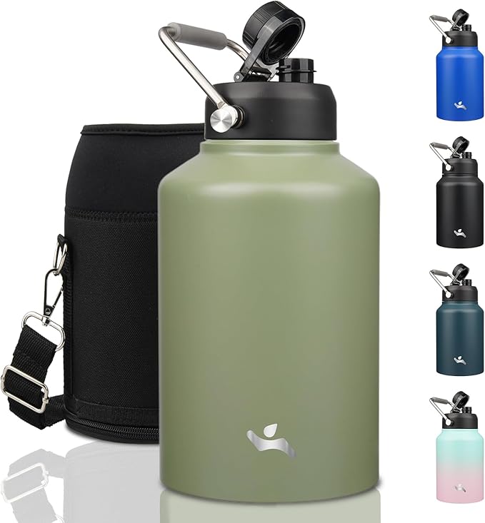 1 Gallon Jug with Handle,128 oz Insulated Water Bottle with Carrying Pouch, Double Wall Vacuum Stainless Steel Metal Bottle,Camp Green