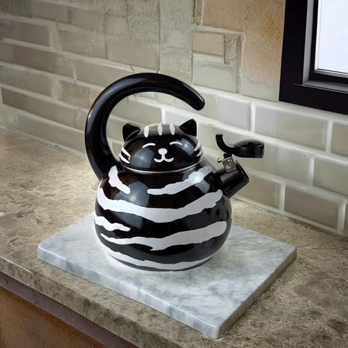 Trenton Gifts Whistling Tea Kettle - Enamel on Steel Black Cat Decor - Cute Animal Stovetop Kettle - 2.1 Quart Tea Pots