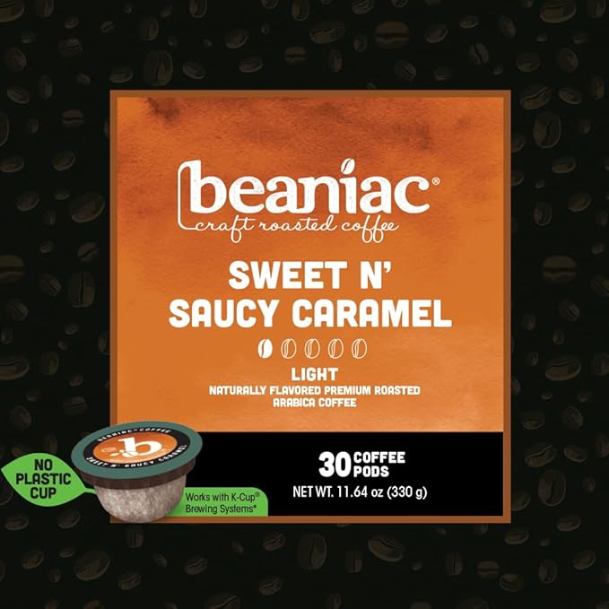 beaniac Sweet n' Saucy Caramel, Flavored Light Roast, Single Serve Compostable K Cup Coffee Pods, Arabica Coffee with Natural Flavors, Keurig Brewer Compatible, 30 Count