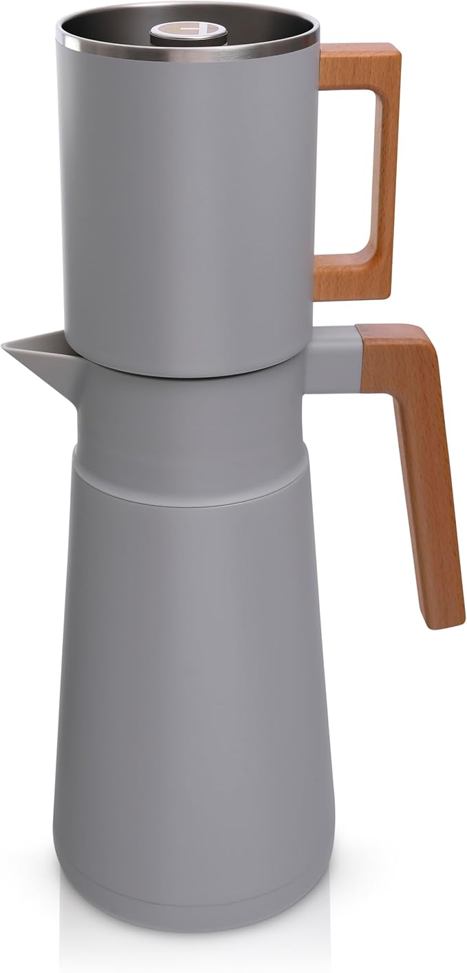 HASTINGS 68 Oz Pour Over Coffee Maker Set with Double Layer Reusable Stainless Steel Filter 8-Cup and Wood Handle - Dual Wall Heat Resistant Drip Coffee Brewer, Pour Over Coffee Dripper Carafe, Gray