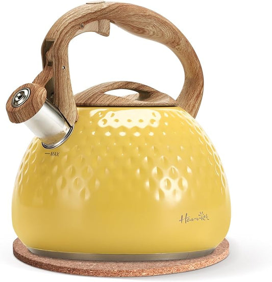 harriet Tea Kettle, Tea Pot for Stovetop, 2.5QT Whistling Kettle with 5-Layers bottom, Food Grade Stainless Steel Kettles with Hot-Resistant Handle Gas Electric Applicable, Yellow
