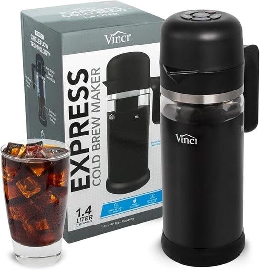 VINCI Express Cold Brew, Electric Cold Brew Coffee Maker in 10 minutes, 4 Brew Strength Settings & Cleaning Cycle, Easy to Use & Clean, Glass Carafe 1.4 Liters Push Button Control