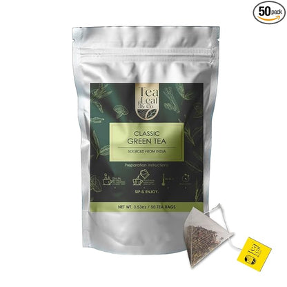 Classic Green Tea Bags (3.53oz/100gm), Loose Leaf 50 Pyramid Teabags, Blended with Fresh Herbs and Spices, Organic Herbal Tea, Low Caffeine Gluten Free