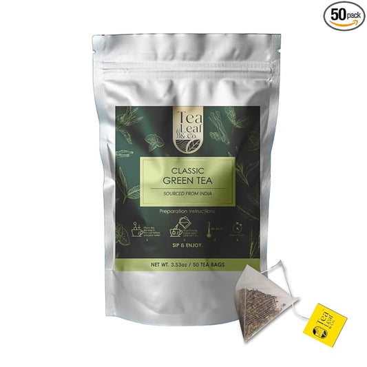 Classic Green Tea Bags (3.53oz/100gm), Loose Leaf 50 Pyramid Teabags, Blended with Fresh Herbs and Spices, Organic Herbal Tea, Low Caffeine Gluten Free