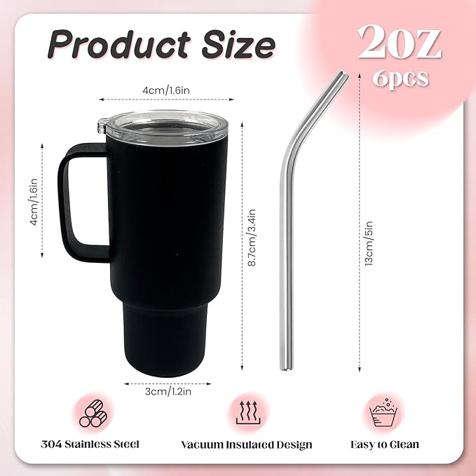 Cute Shot Glasses with handle 2oz, Mini Shot Tumbler with Lid and Straw, Kawaii Insulated Tumblers for Espresso Coffee Spirits Cute Stuff Funny Gifts (6x Black)