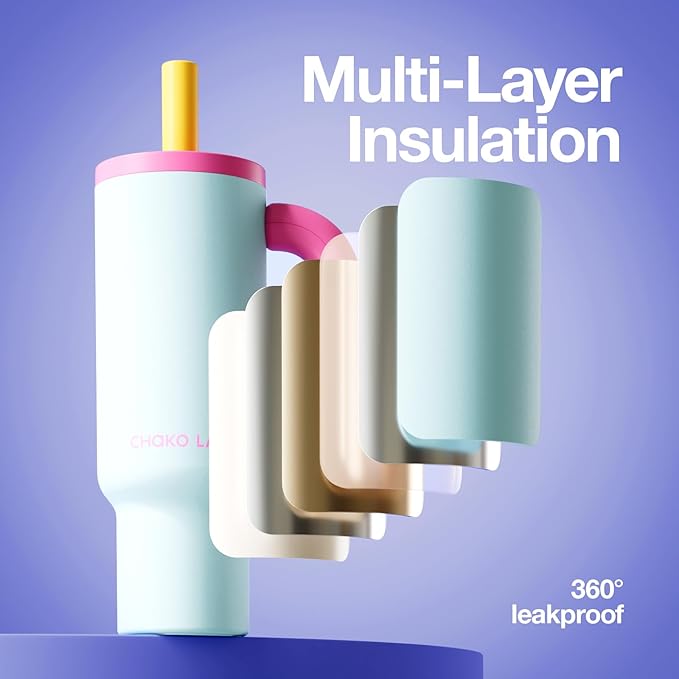 BaWang Insulated Stainless Steel Tumbler | Tumbler with Handle and Straw 33oz | Cup Holder Friendly for Travel | Leakproof Water Bottle | BPA-Free | 316 stainless steel liner| pink＆blue