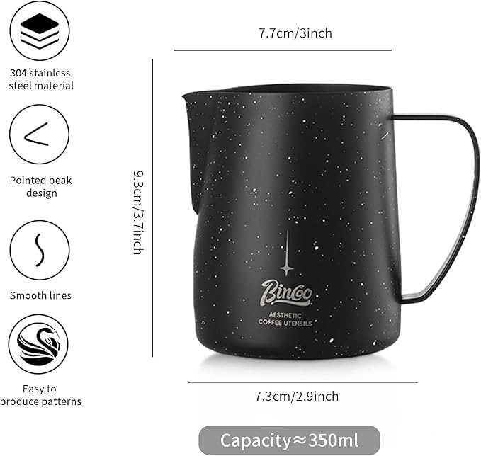 Bincoo Star Milk Frothing Pitcher 12oz,Espresso Steaming Pitcher,Espresso Machine Accessories,Milk Frother cup,Milk Coffee Cappuccino Latte Art,Stainless Steel Jug Cup.(Black 12oz)