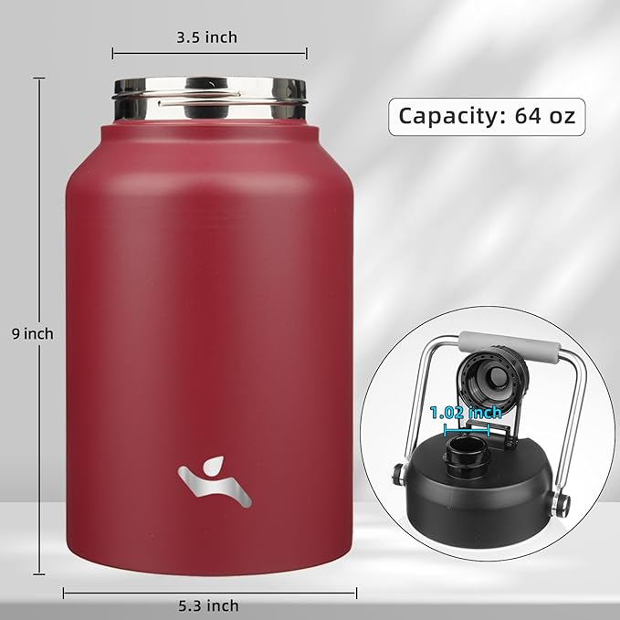Half Gallon Jug with Handle,64 oz Insulated Water Bottle with Carrying Pouch,Double Wall Vacuum Stainless Steel Metal Bottle,Dark red