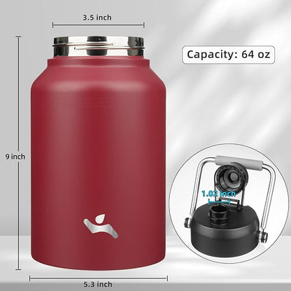 Half Gallon Jug with Handle,64 oz Insulated Water Bottle with Carrying Pouch,Double Wall Vacuum Stainless Steel Metal Bottle,Dark red
