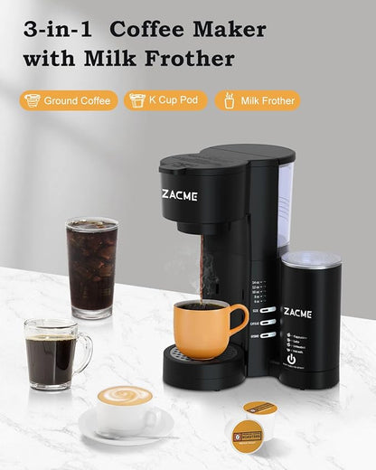 Single Serve Coffee Maker for K Cups&Ground Coffee with Milk Frother, 3 in 1 Small Single Cup Coffee Machine, 28oz Water Thank, 6 to 14 oz Brew Sizes