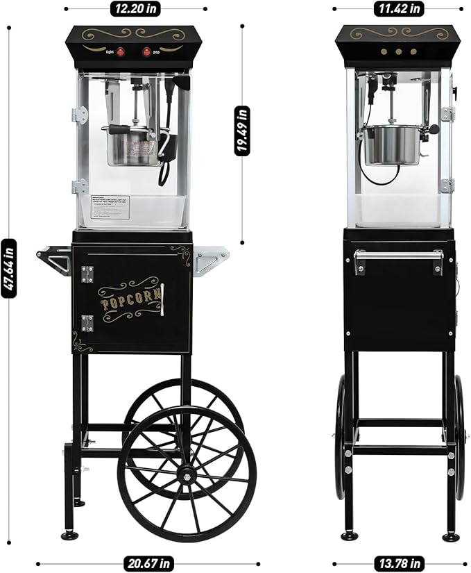 Commercial Popcorn Machine with Cart & 8 Oz Pot, Stainless Steel Vintage Style Popcorn Maker with Wheels, Lockers & Oil Spoon for Home Theater, Parties, Business
