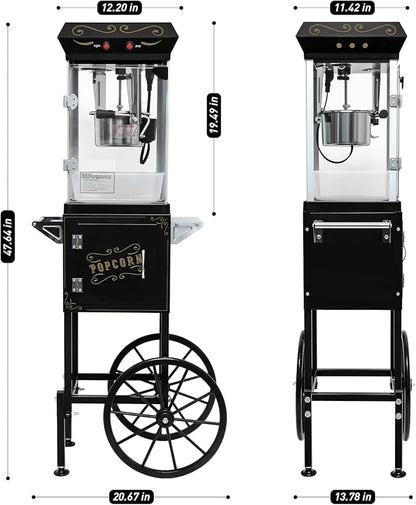 Commercial Popcorn Machine with Cart & 8 Oz Pot, Stainless Steel Vintage Style Popcorn Maker with Wheels, Lockers & Oil Spoon for Home Theater, Parties, Business