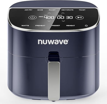 Nuwave Brio Plus 8 Qt Air Fryer, PFAS Free, New & Improved, Digital Touch Screen, Cool White Display, 50°F~400°F in Precise 5°, 5 Cook Functions, 100 Presets & 50 Memory, 3 Wattages 700, 1500, 1800