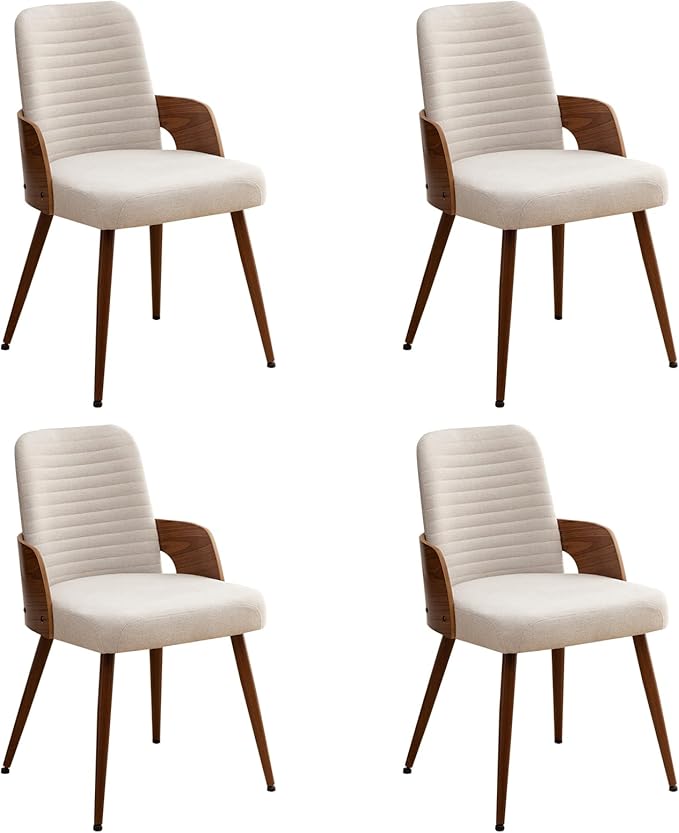 Dining Room Chairs Set of 4,Mid Century Modern Kitchen Chairs,Upholstered Beige Fabric Accent Chairs,Metal Legs Wooden Desk Chairs Armless and No Wheels for Kitchen Dining Living Room