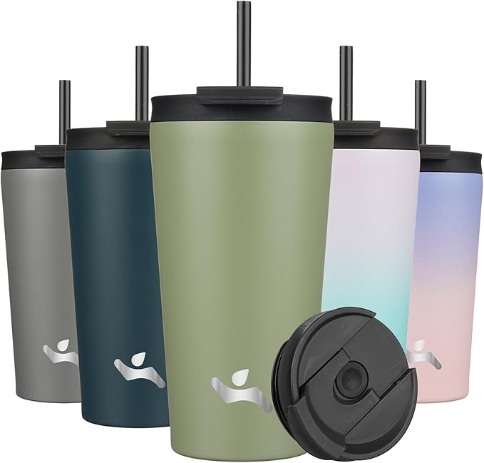 18 OZ Insulated Tumbler with Lid and 2 Straws Stainless Steel Water Bottle Vacuum Travel Mug Coffee Cup,ArmyGreen