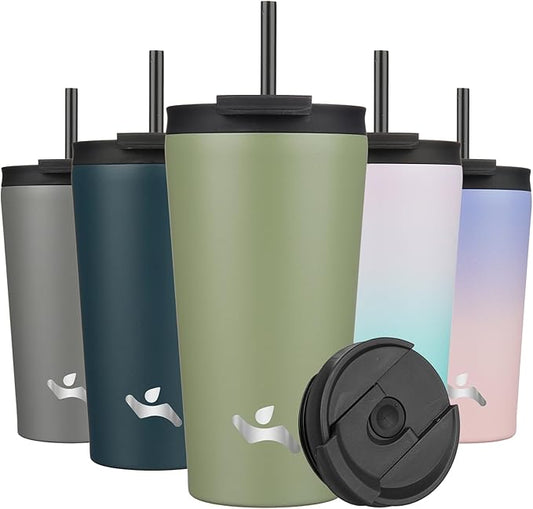 18 OZ Insulated Tumbler with Lid and 2 Straws Stainless Steel Water Bottle Vacuum Travel Mug Coffee Cup,ArmyGreen