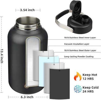 BJPKPK 1 Gallon Water Bottle Insulated, Dishwasher Safe 128oz Large Water Jug with Metal Handle & BPA Free Spout Lid, Stainless Steel Metal Thermo for Gym, Sports & Hiking, Black