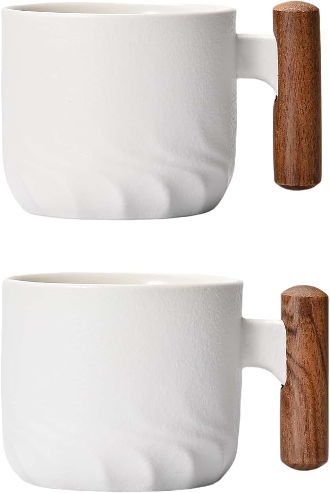 Porcelain Espresso Cups Set of 2, Small Tea Cups, 2 oz Ceramic Espresso Cups with Wooden Handle