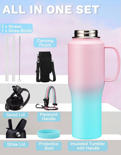 32oz 40oz Insulated Water Bottle with Handle - Straw & Auto Spout Lid, Protective Boot, Stainless Steel Water Bottle with Carrier Bag, Leak-proof Coffee Tumbler, Water Flask Fit in Car Cup Holder