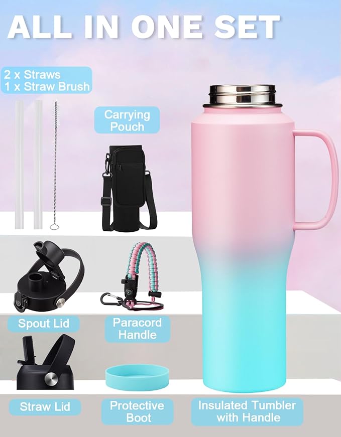 32oz 40oz Insulated Water Bottle with Handle, Leakproof Straw Lid, Pop-up Chug Lid, Paracord Handle and Storage Carrier Bag, Keep Cold 48h & Hot 24h, Slim Travel Tumbler Fit in Car Cup Holder