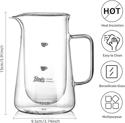 Double Wall Glass Coffee Carafe - 400ML/14oz Small Coffee Decanter Coffee Server for Pour Over, Coffee Pot, Borosilicate Glass For Coffee, Tea, Whiskey, Cocktails & All Beverages