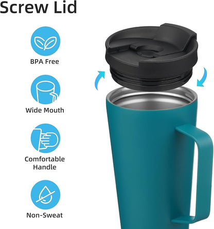 Insulated Tumbler with Handle and Straw, 18 OZ Travel Coffee Mug Stainless Steel Cup Metal Water Bottle,Blue