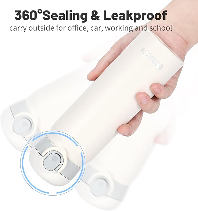 17 oz / 500 ml Insulated Water Bottle, Stainless Steel Thermo Coffee Travel Mug, Thermal Cup with Snap Flip Lid, BPA Free for Hot and Cold Drinking, White