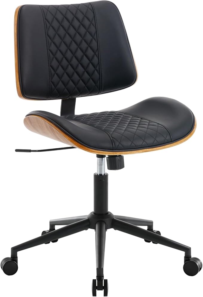BV Small Desk Chair, Mid Century Office Chair with Bentwood Back, Armless Task Swivel Chair with Wheels, Mid Back No Arms, Faux Leather Office Chairs for Small Space, Black