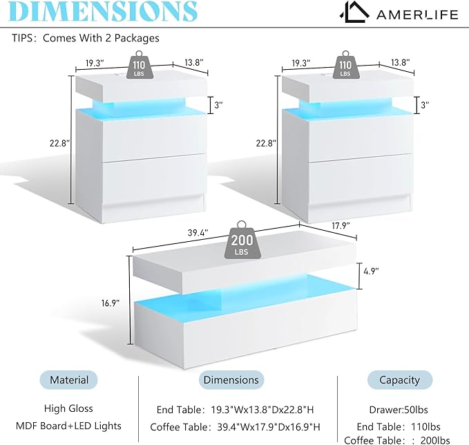 AMERLIFE High Gloss 3 Pieces Living Room Table Set, Modern LED Coffee Table Sets of 3, 2-Tier Center Table with 2 End Side Tables, LED Lights Bedside Table Nightstands with Charging Station, White