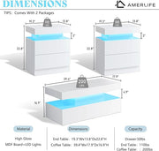 AMERLIFE High Gloss 3 Pieces Living Room Table Set, Modern LED Coffee Table Sets of 3, 2-Tier Center Table with 2 End Side Tables, LED Lights Bedside Table Nightstands with Charging Station, White