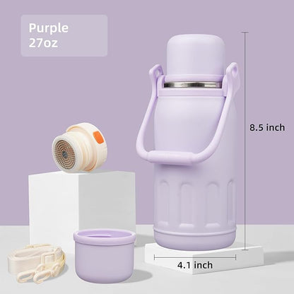 Insulated Water Bottle with Handle and Strap,Vacuum Travel Tumbler with Cup Lid,Thermo Coffee Cup for Hot Cold Drinks 27 OZ,Purple