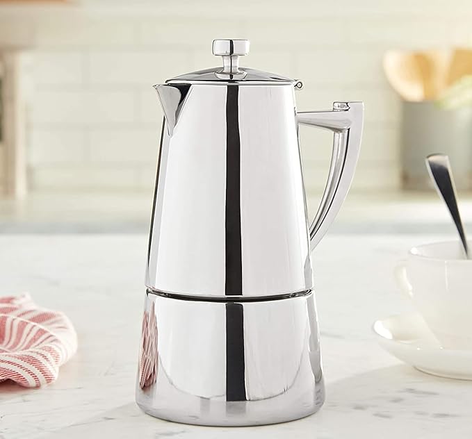 Cuisinox Moka Pot Coffee Espresso Maker – Stainless Steel Roma Stovetop Espresso Coffee Maker, Induction Compatible, Durable Long-Lasting, Dishwasher Safe, Heat-Resistant Handle, 4-Cup, 200ml, 7oz