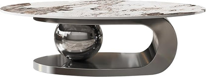 Marble Grain Coffee Table with Silver Stainless Steel Pedestal,Modern Coffee Tables,Oval Living Room Table with Faux Marble Top & Luxury Legs,Sintered Stone Cocktail Center Table,51.20inch