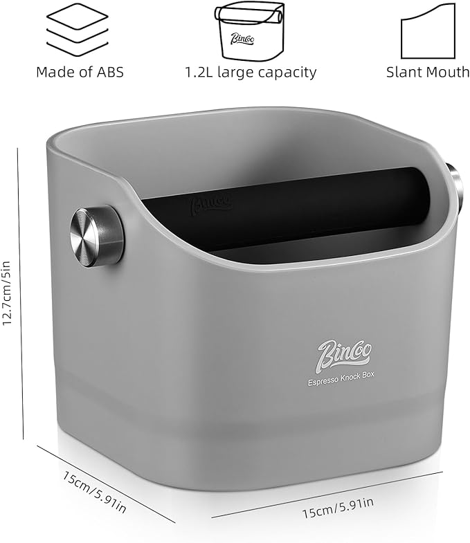 Espresso Knock Box - Bincoo Espresso Machine Knock Box/Espresso Grounds Knock Box, Barista Style Coffee Knock Box for Grounds with Removable Shock-Absorbent Knock Bar and Anti-Slip Base. (Grey)