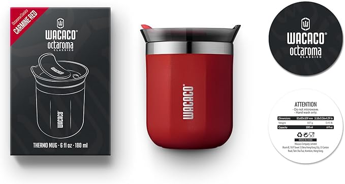 WACACO Octaroma Classico Vacuum Insulated Coffee Mug, Double-wall Stainless Steel Travel Tumbler With Drinking Lid, 6 fl oz (180ml), Carmine Red