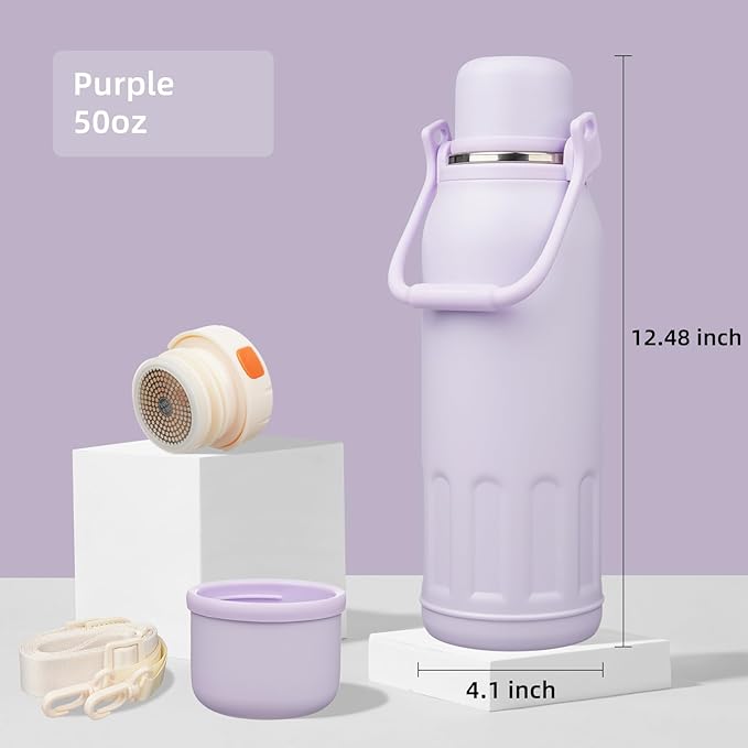 Insulated Water Bottle with Handle and Strap,Vacuum Travel Tumbler with Cup Lid,Thermo Coffee Cup for Hot Cold Drinks 50 OZ,Purple