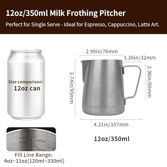 watchget Stainless Steel Milk Frothing Pitcher 12oz/350ml - Espresso Steaming Pitcher for Cappuccino, Latte Art, Coffee Machine Accessories Milk Jug Coffee Frother Cup, Matte Vintage