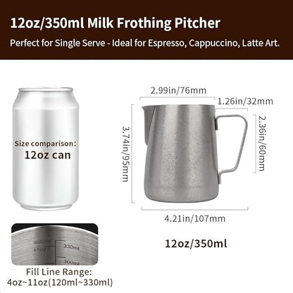 watchget Stainless Steel Milk Frothing Pitcher 12oz/350ml - Espresso Steaming Pitcher for Cappuccino, Latte Art, Coffee Machine Accessories Milk Jug Coffee Frother Cup, Matte Vintage