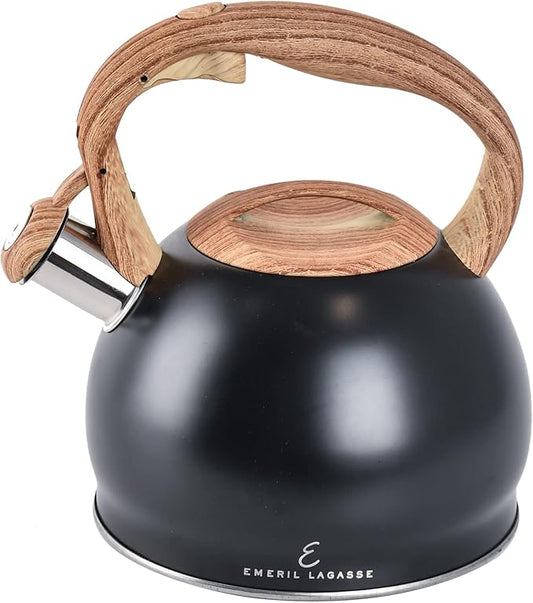 Emeril Lagasse 3.2 Quart/3 Liter Whistling Tea Kettle, Stainless Steel Whistling Tea Pot for Induction Stove Top, Fast to Boil Water for Home Kitchen Condo, with Wood Handle, Black