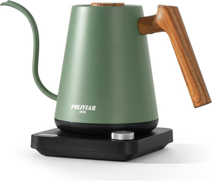 POLIVIAR Electric Gooseneck Kettle, 1350W Electric Tea Kettle Wood Pattern Handle, 34oz Pour Over Electric Kettle for Coffee & Tea, 18/8 Stainless Steel Inner, Temperature Control & Rapid Heating